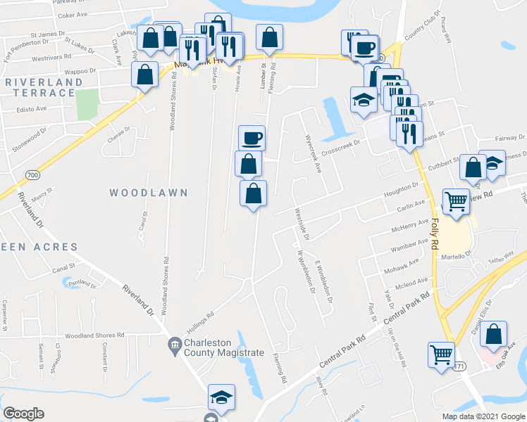 map of restaurants, bars, coffee shops, grocery stores, and more near 286 Fleming Road in Charleston