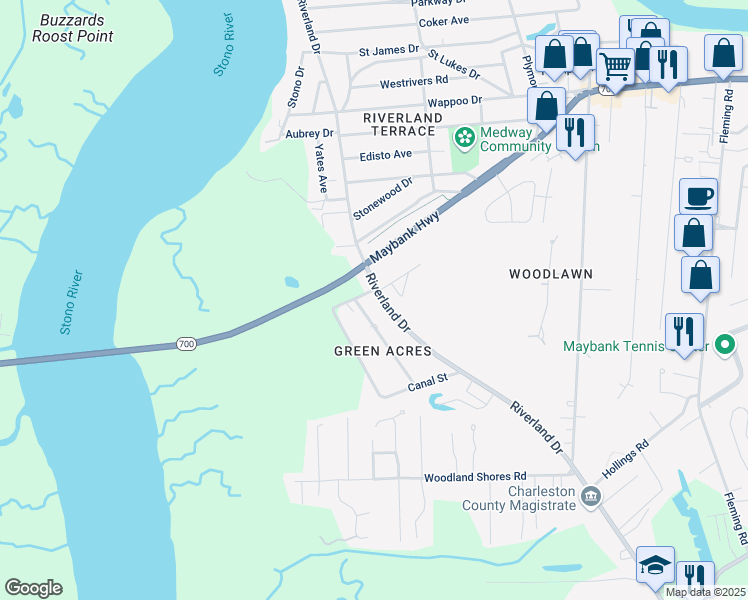 map of restaurants, bars, coffee shops, grocery stores, and more near in Charleston