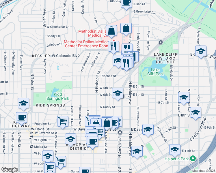 map of restaurants, bars, coffee shops, grocery stores, and more near 1009 North Madison Avenue in Dallas