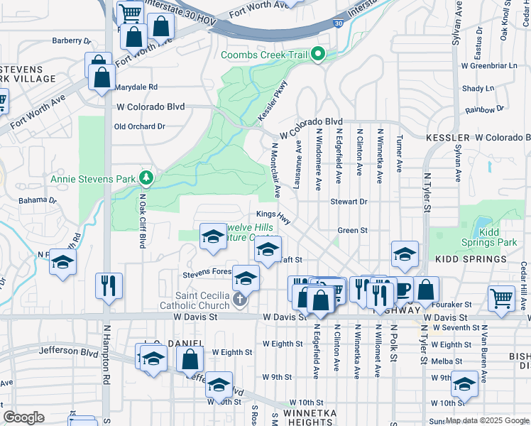 map of restaurants, bars, coffee shops, grocery stores, and more near 1621 Kings Highway in Dallas