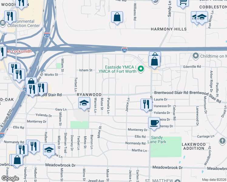 map of restaurants, bars, coffee shops, grocery stores, and more near 1601 Pamela Lane in Fort Worth