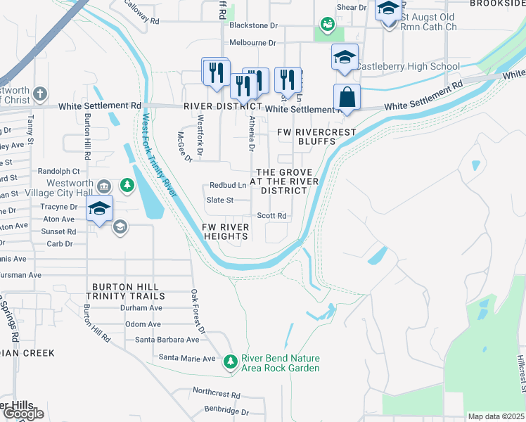 map of restaurants, bars, coffee shops, grocery stores, and more near 5100 Slate Street in Fort Worth
