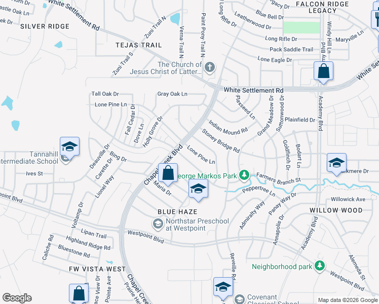 map of restaurants, bars, coffee shops, grocery stores, and more near 10249 Powderhorn Road in Fort Worth