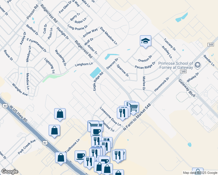 map of restaurants, bars, coffee shops, grocery stores, and more near 2 Woodberry Drive in Forney