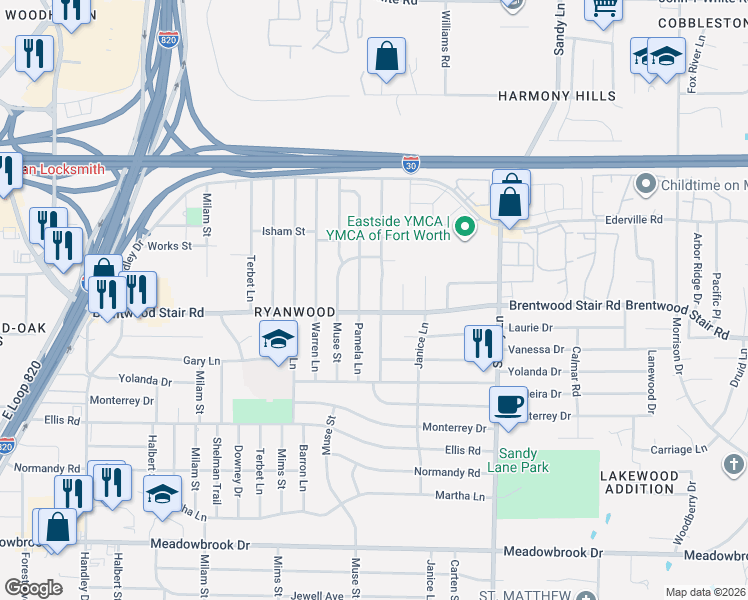map of restaurants, bars, coffee shops, grocery stores, and more near 1601 Pamela Lane in Fort Worth