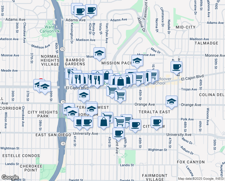 map of restaurants, bars, coffee shops, grocery stores, and more near 4311 El Cajon Boulevard in San Diego