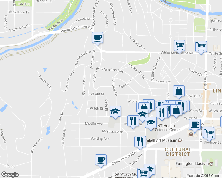 map of restaurants, bars, coffee shops, grocery stores, and more near 3805 Lenox Drive in Fort Worth