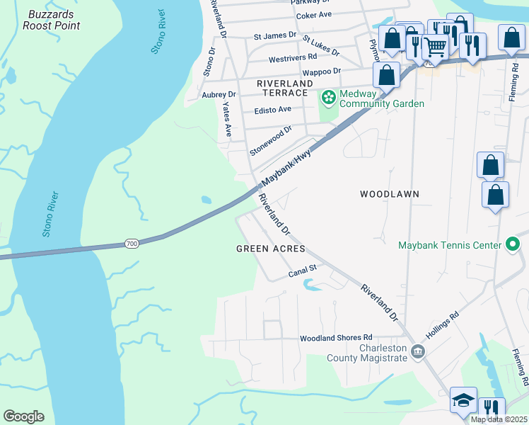 map of restaurants, bars, coffee shops, grocery stores, and more near in Charleston
