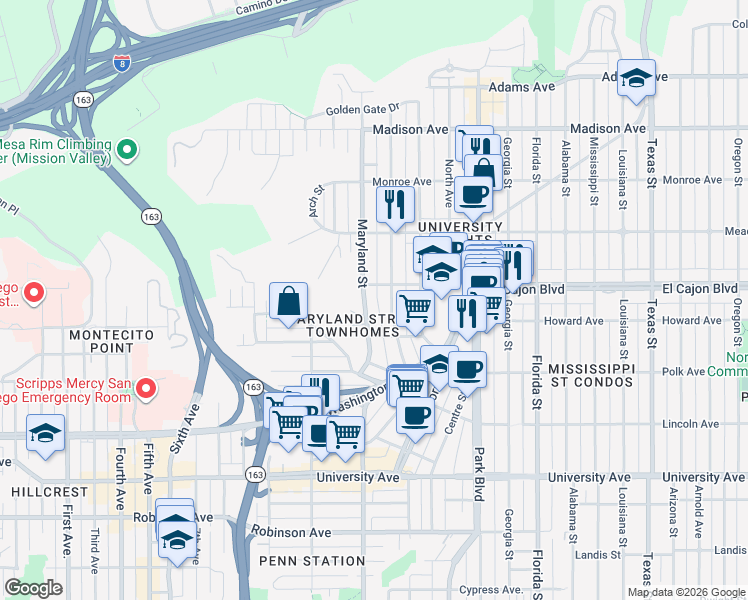 map of restaurants, bars, coffee shops, grocery stores, and more near 4314 Maryland Street in San Diego