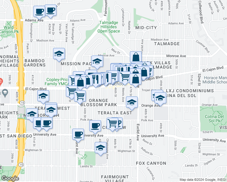 map of restaurants, bars, coffee shops, grocery stores, and more near 4272 46th Street in San Diego