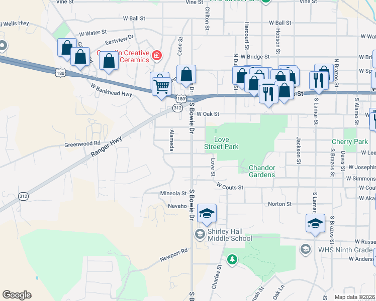 map of restaurants, bars, coffee shops, grocery stores, and more near 314 South Bowie Drive in Weatherford