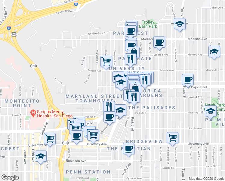map of restaurants, bars, coffee shops, grocery stores, and more near 4274 Campus Avenue in San Diego