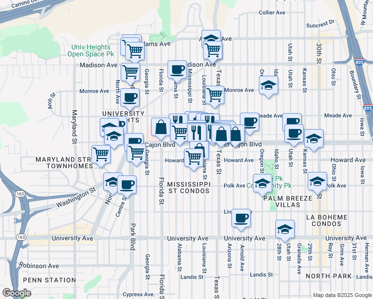 map of restaurants, bars, coffee shops, grocery stores, and more near 2129 El Cajon Boulevard in San Diego