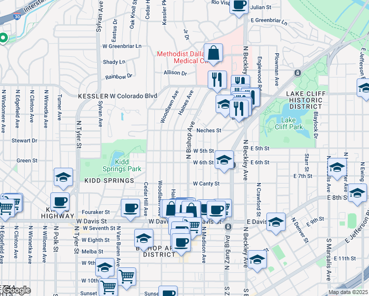 map of restaurants, bars, coffee shops, grocery stores, and more near 1021 North Bishop Avenue in Dallas