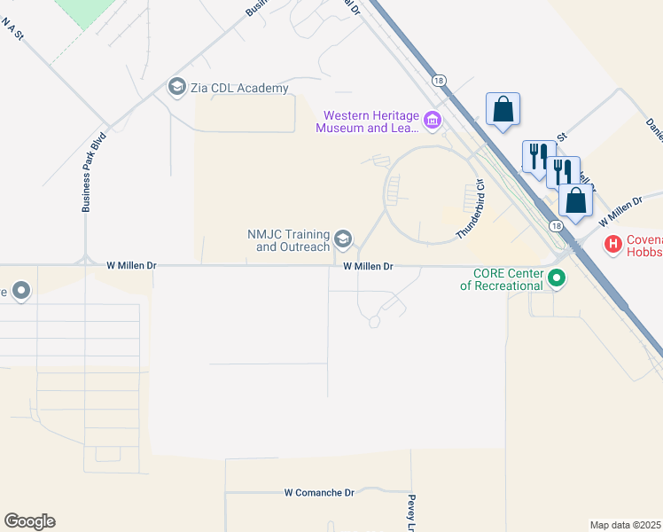 map of restaurants, bars, coffee shops, grocery stores, and more near West Millen Drive in Hobbs