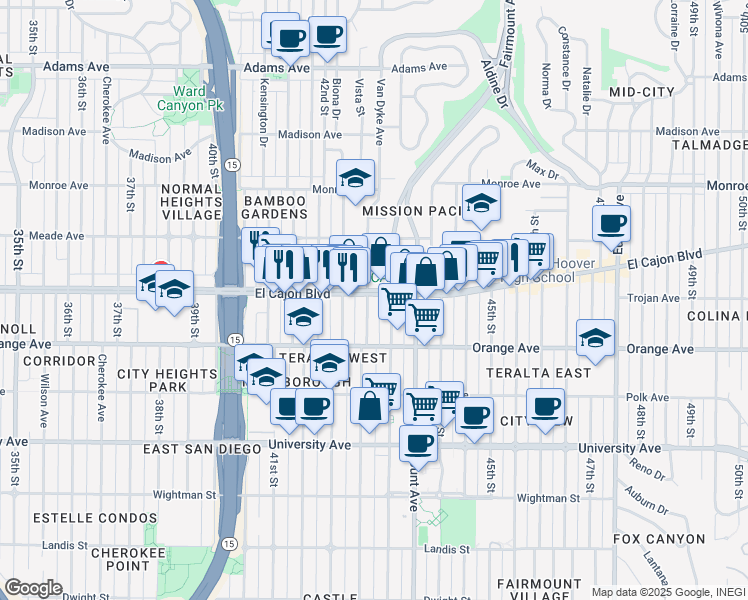 map of restaurants, bars, coffee shops, grocery stores, and more near 4311 El Cajon Boulevard in San Diego