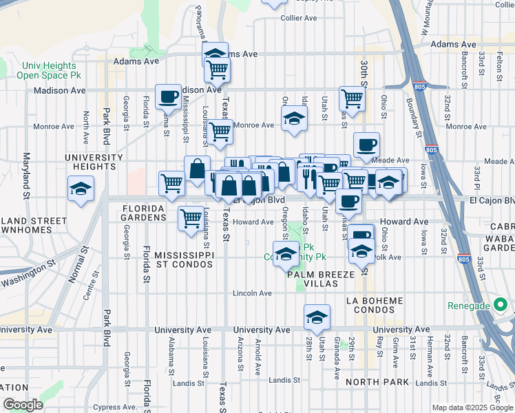map of restaurants, bars, coffee shops, grocery stores, and more near 2525 El Cajon Boulevard in San Diego