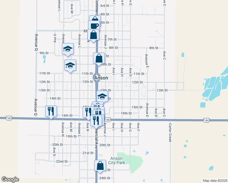 map of restaurants, bars, coffee shops, grocery stores, and more near 1301 Avenue I in Anson