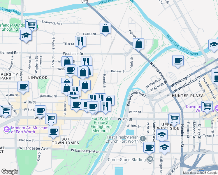 map of restaurants, bars, coffee shops, grocery stores, and more near 336 Greenleaf Street in Fort Worth