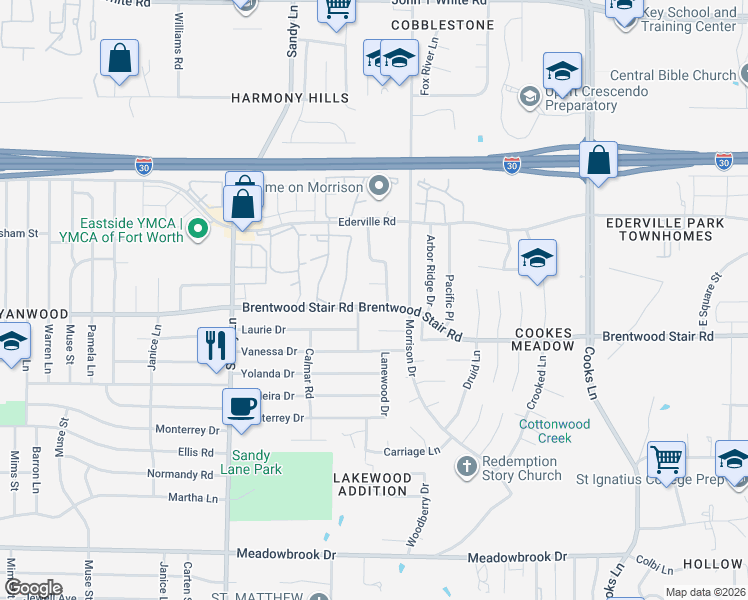 map of restaurants, bars, coffee shops, grocery stores, and more near 7537 Hedgewood Court in Fort Worth