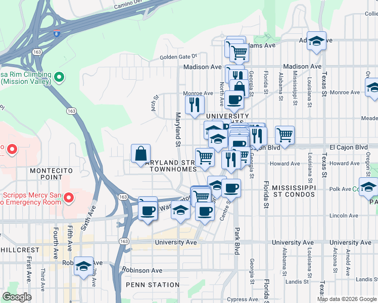 map of restaurants, bars, coffee shops, grocery stores, and more near 4274 Cleveland Avenue in San Diego