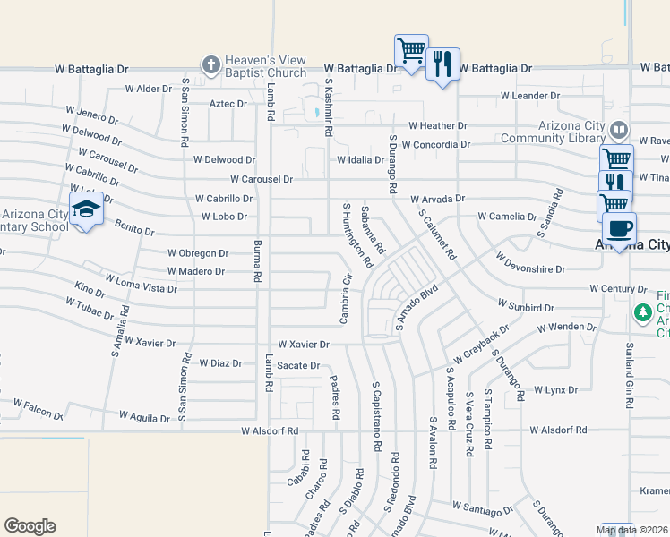 map of restaurants, bars, coffee shops, grocery stores, and more near 11122 Cambria Circle in Arizona City