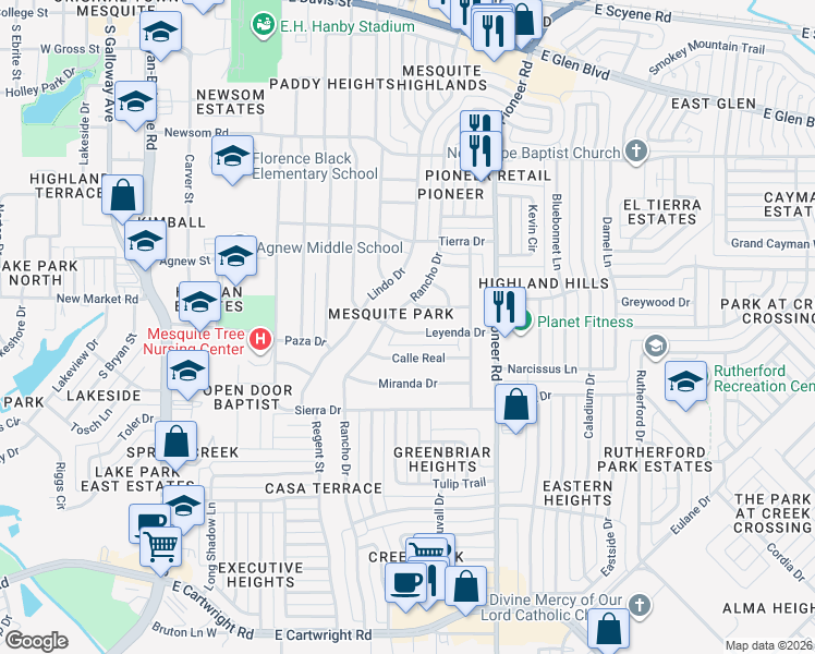 map of restaurants, bars, coffee shops, grocery stores, and more near 1007 Leyenda Drive in Mesquite