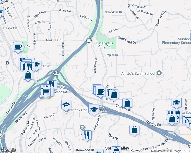 map of restaurants, bars, coffee shops, grocery stores, and more near 4220 Woodland Drive in La Mesa