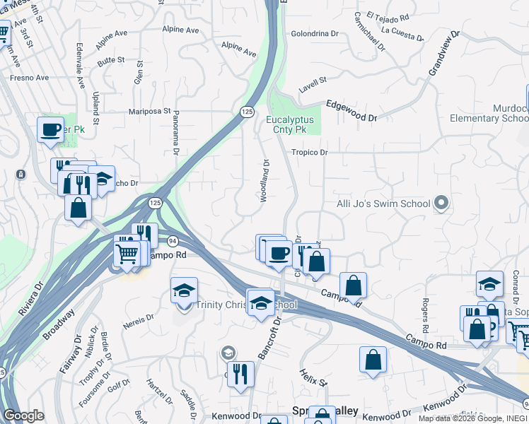map of restaurants, bars, coffee shops, grocery stores, and more near 4220 Woodland Drive in La Mesa