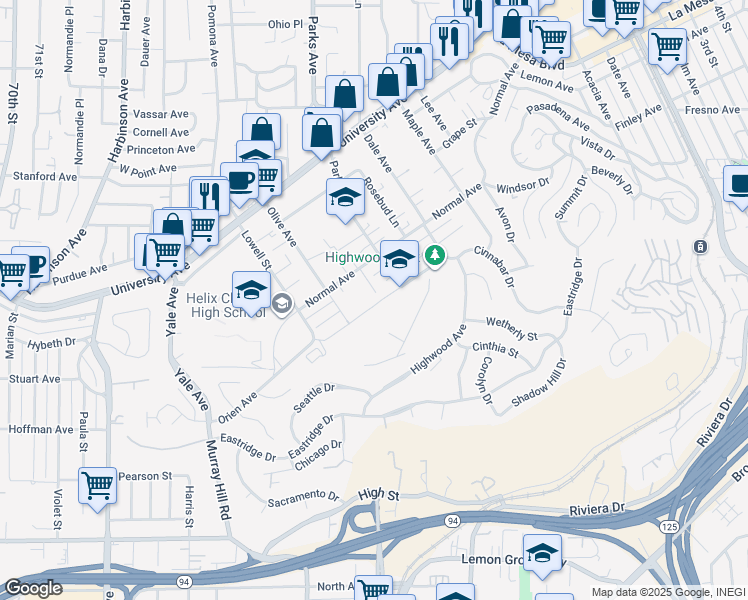 map of restaurants, bars, coffee shops, grocery stores, and more near 4279 Schoolridge Lane in La Mesa