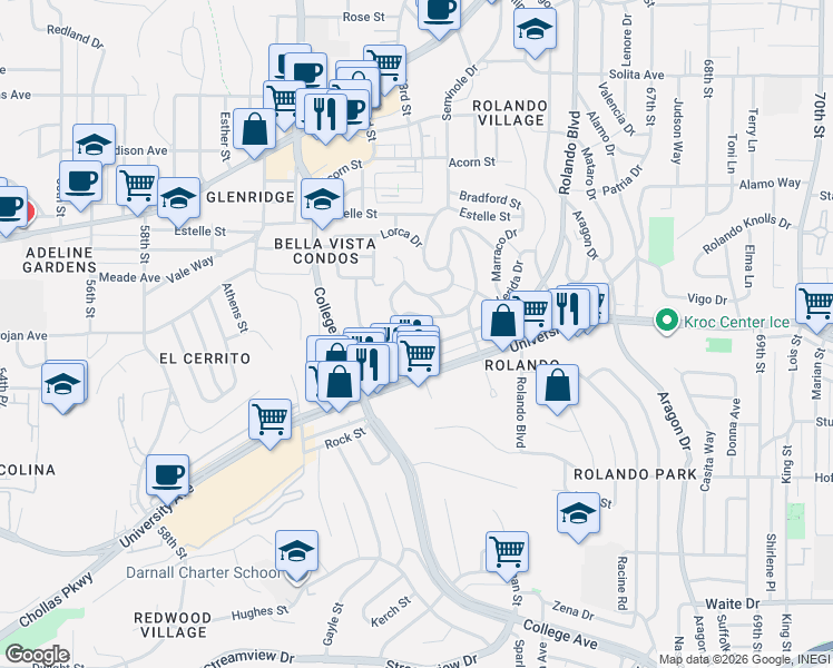 map of restaurants, bars, coffee shops, grocery stores, and more near in San Diego