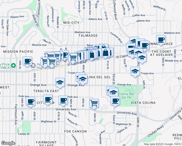 map of restaurants, bars, coffee shops, grocery stores, and more near 4340 50th Street in San Diego