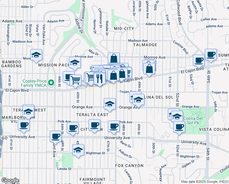 map of restaurants, bars, coffee shops, grocery stores, and more near 4293 47th Street in San Diego