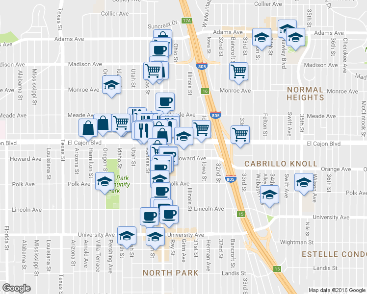 map of restaurants, bars, coffee shops, grocery stores, and more near 3046 El Cajon Boulevard in San Diego