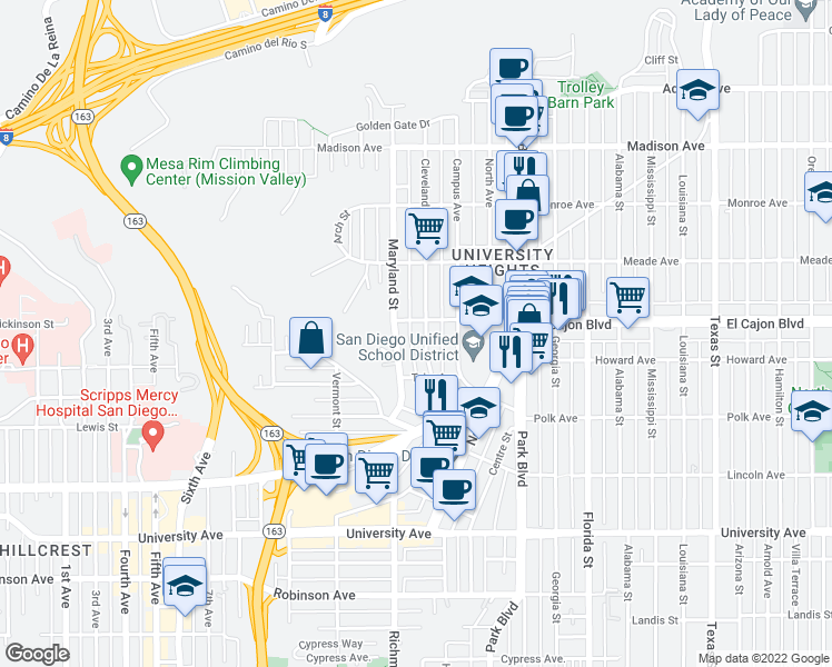 map of restaurants, bars, coffee shops, grocery stores, and more near 1440 Van Buren Avenue in San Diego
