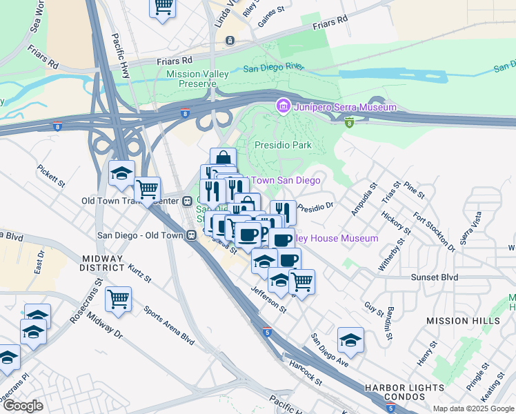 map of restaurants, bars, coffee shops, grocery stores, and more near 2635 Sunset Street in San Diego