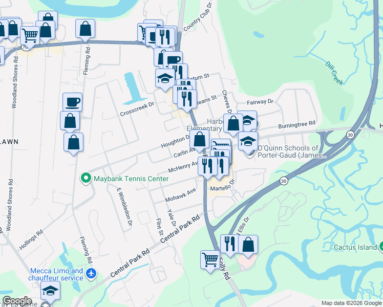 map of restaurants, bars, coffee shops, grocery stores, and more near 1723 Houghton Drive in Charleston