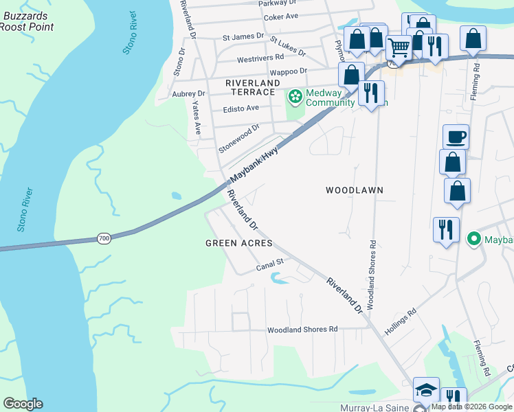 map of restaurants, bars, coffee shops, grocery stores, and more near 2240 Maxcy Street in Charleston