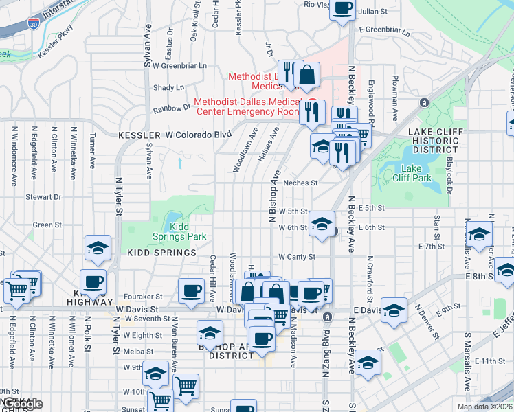 map of restaurants, bars, coffee shops, grocery stores, and more near 1023 Haines Avenue in Dallas