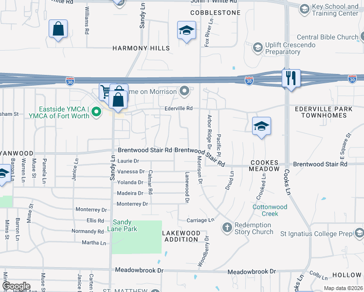 map of restaurants, bars, coffee shops, grocery stores, and more near 7537 Hedgewood Court in Fort Worth