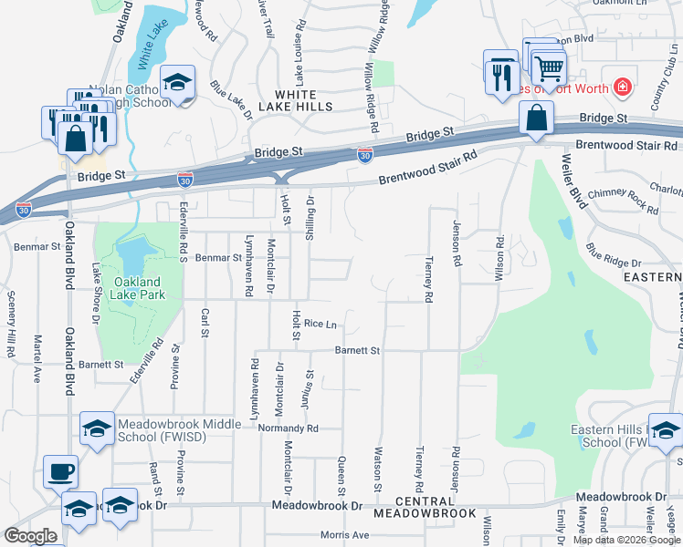 map of restaurants, bars, coffee shops, grocery stores, and more near 4813 Briarwood Lane in Fort Worth