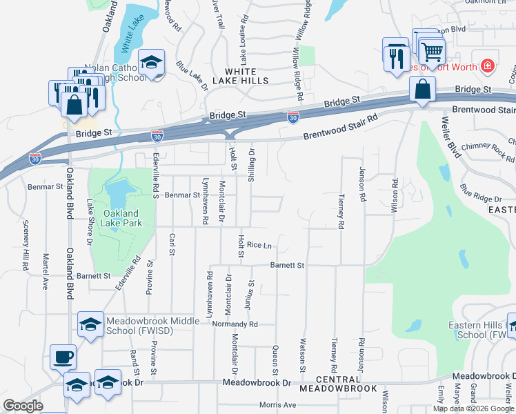 map of restaurants, bars, coffee shops, grocery stores, and more near 4813 Briarwood Lane in Fort Worth