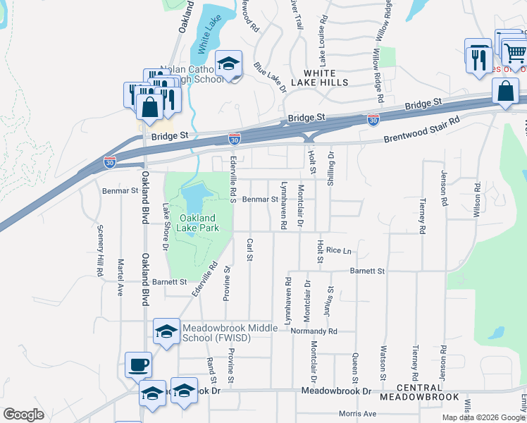map of restaurants, bars, coffee shops, grocery stores, and more near 1601 North Edgewood Terrace in Fort Worth
