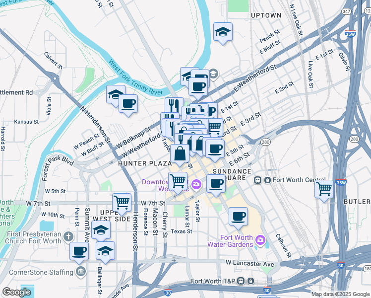 map of restaurants, bars, coffee shops, grocery stores, and more near 200 Main Street in Fort Worth