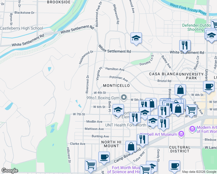 map of restaurants, bars, coffee shops, grocery stores, and more near 3816 Lenox Drive in Fort Worth