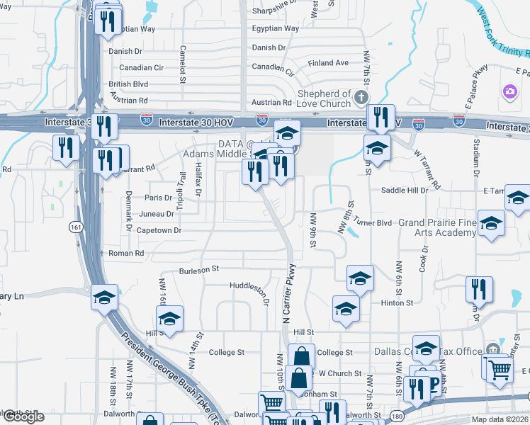 map of restaurants, bars, coffee shops, grocery stores, and more near 1009 North Carrier Parkway in Grand Prairie