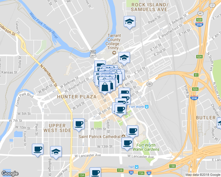 map of restaurants, bars, coffee shops, grocery stores, and more near 400 Main Street in Fort Worth