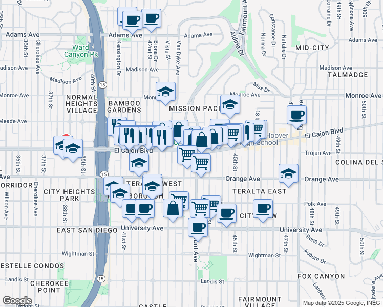 map of restaurants, bars, coffee shops, grocery stores, and more near 4323 El Cajon Boulevard in San Diego