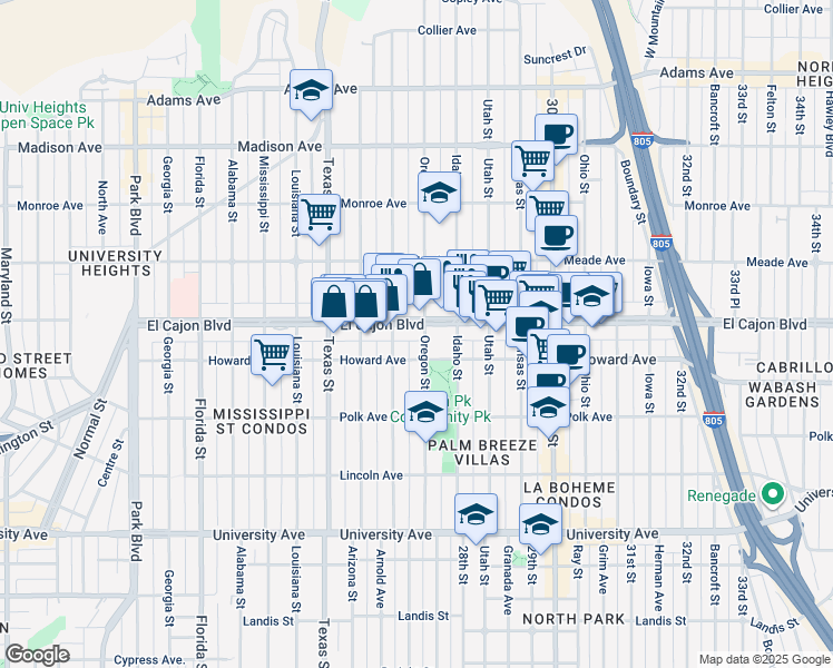 map of restaurants, bars, coffee shops, grocery stores, and more near 4250 Oregon Street in San Diego