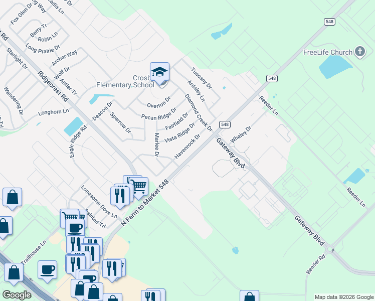 map of restaurants, bars, coffee shops, grocery stores, and more near 1425 Havenrock Drive in Forney